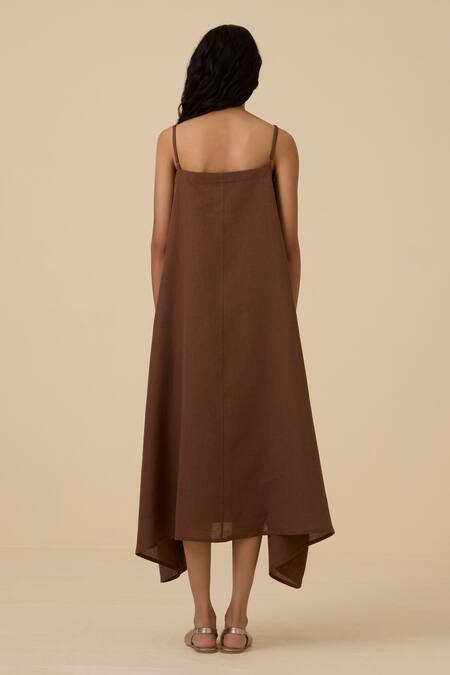 Shop_The Summer House_Brown Linen, Cotton Square Neck Talib Dress _at_Aza_Fashions