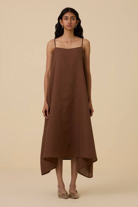 The Summer House_Brown Linen, Cotton Square Neck Talib Dress _Online_at_Aza_Fashions