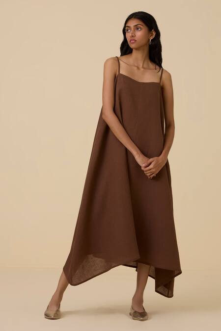 Buy_The Summer House_Brown Linen, Cotton Square Neck Talib Dress _Online_at_Aza_Fashions