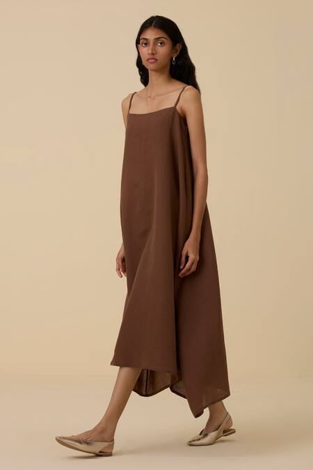 Shop_The Summer House_Brown Linen, Cotton Square Neck Talib Dress _Online_at_Aza_Fashions