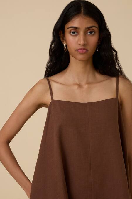 The Summer House_Brown Linen, Cotton Square Neck Talib Dress _at_Aza_Fashions