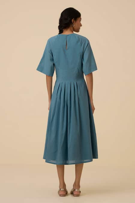 Shop_The Summer House_Blue Cotton, Voile Round Neck Tamina Pleated Dress _at_Aza_Fashions