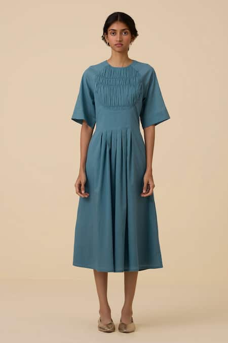 The Summer House_Blue Cotton, Voile Round Neck Tamina Pleated Dress _Online_at_Aza_Fashions
