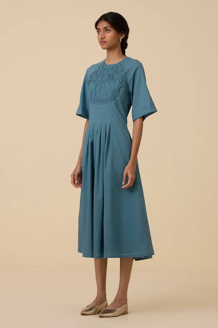 Buy_The Summer House_Blue Cotton, Voile Round Neck Tamina Pleated Dress _Online_at_Aza_Fashions