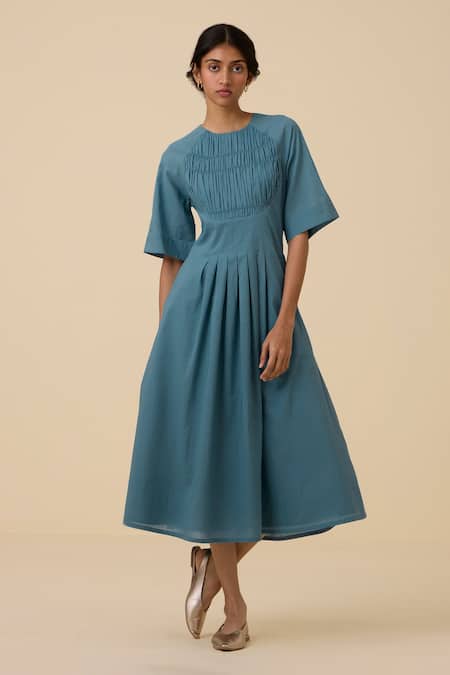 Shop_The Summer House_Blue Cotton, Voile Round Neck Tamina Pleated Dress _Online_at_Aza_Fashions