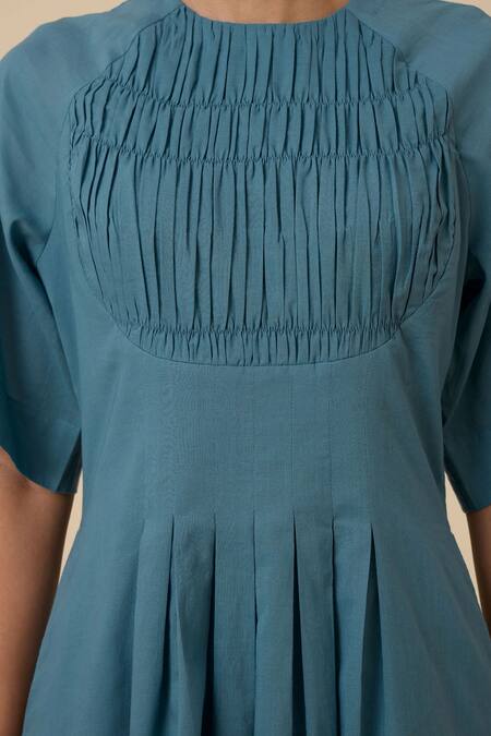 The Summer House_Blue Cotton, Voile Round Neck Tamina Pleated Dress _at_Aza_Fashions