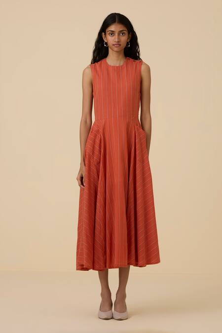 The Summer House Orange , Handloom Round Neck Valentino Handwoven Dress Online at Aza Fashions The Summer House_Orange , Handloom Round Neck Valentino Handwoven Dress_Online_at_Aza_Fashions