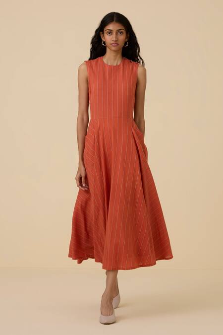 Buy The Summer House Orange , Handloom Round Neck Valentino Handwoven Dress Online at Aza Fashions Buy_The Summer House_Orange , Handloom Round Neck Valentino Handwoven Dress_Online_at_Aza_Fashions