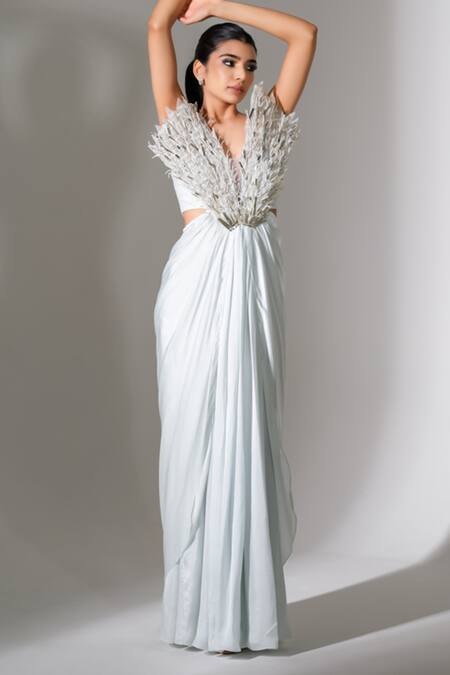 Buy_PIRI INDIA_Grey Chanderi, Satin, Organza Embroidery V-neck Optuntia 3d Gown _Online_at_Aza_Fashions