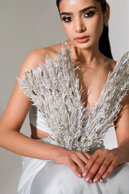 Shop_PIRI INDIA_Grey Chanderi, Satin, Organza Embroidery V-neck Optuntia 3d Gown _Online_at_Aza_Fashions