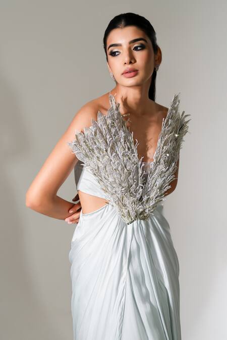 PIRI INDIA_Grey Chanderi, Satin, Organza Embroidery V-neck Optuntia 3d Gown _at_Aza_Fashions