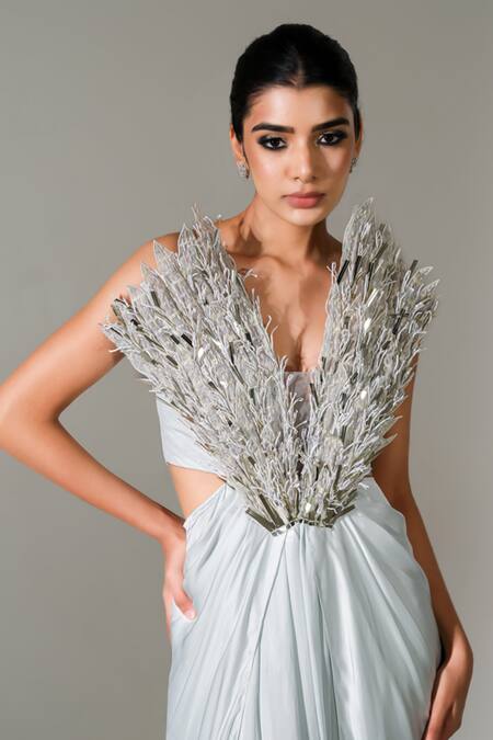 Buy_PIRI INDIA_Grey Chanderi, Satin, Organza Embroidery V-neck Optuntia 3d Gown 