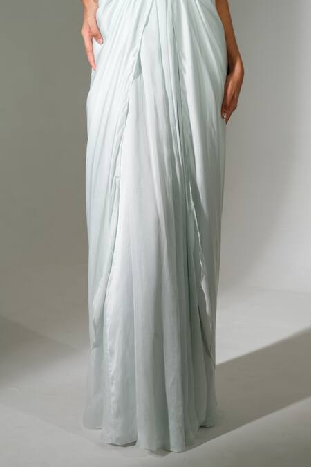 Shop_PIRI INDIA_Grey Chanderi, Satin, Organza Embroidery V-neck Optuntia 3d Gown 