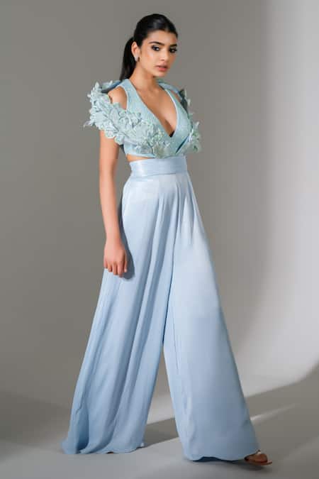 Buy_PIRI INDIA_Blue Denim Embroidery Plunge Neck Rima 3d Jumpsuit _Online_at_Aza_Fashions