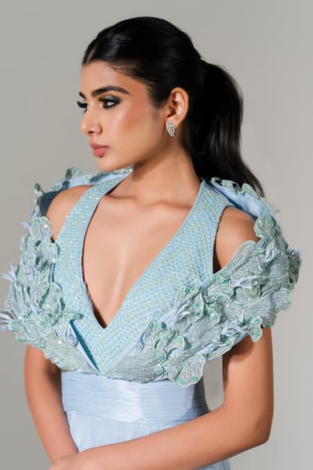 Buy_PIRI INDIA_Blue Denim Embroidery Plunge Neck Rima 3d Jumpsuit 