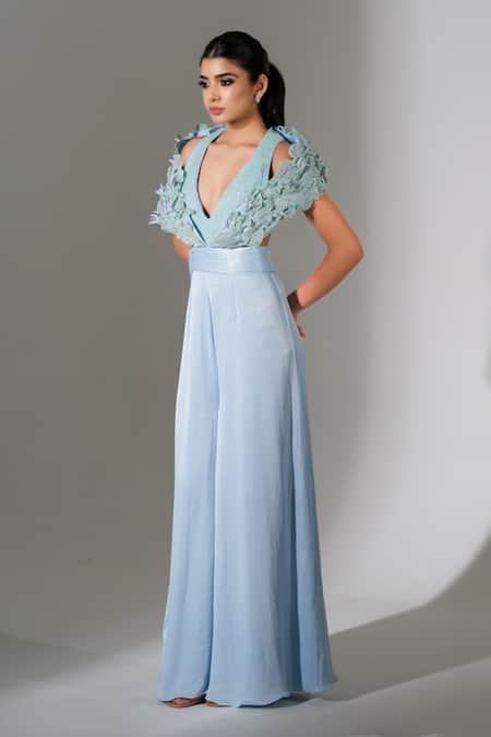 Shop_PIRI INDIA_Blue Denim Embroidery Plunge Neck Rima 3d Jumpsuit 
