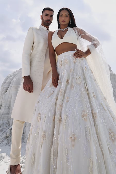 PIRI INDIA Ivory Organza, Net, Satin Pearls, Beads Halter Fiona Embroidered Lehenga Set Online at Aza Fashions PIRI INDIA_Ivory Organza, Net, Satin Pearls, Beads Halter Fiona Embroidered Lehenga Set _Online_at_Aza_Fashions