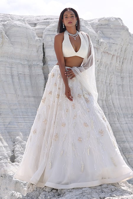 PIRI INDIA Ivory Organza, Net, Satin Pearls, Beads Halter Fiona Embroidered Lehenga Set at Aza Fashions PIRI INDIA_Ivory Organza, Net, Satin Pearls, Beads Halter Fiona Embroidered Lehenga Set _at_Aza_Fashions