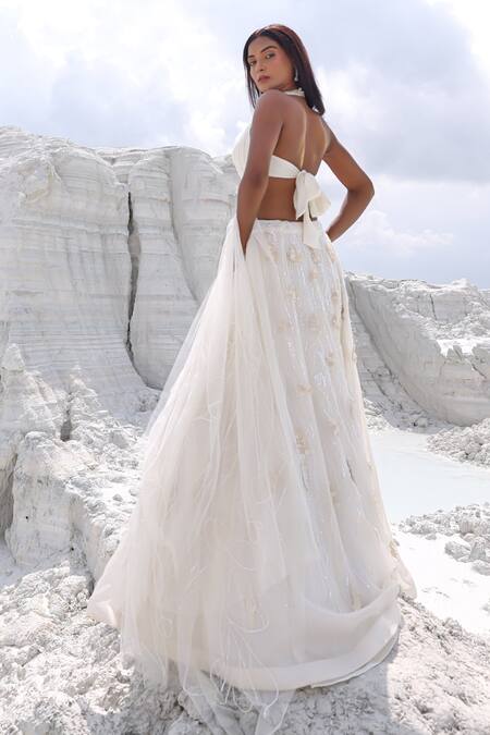 Shop PIRI INDIA Ivory Organza, Net, Satin Pearls, Beads Halter Fiona Embroidered Lehenga Set Shop_PIRI INDIA_Ivory Organza, Net, Satin Pearls, Beads Halter Fiona Embroidered Lehenga Set