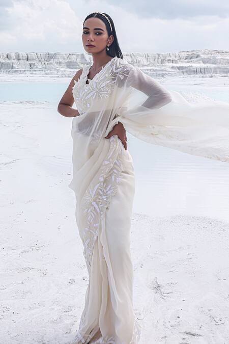 Buy PIRI INDIA Ivory Organza, Net, Satin Embroidery, Beads Athena 3d Floral Saree With Blouse Online at Aza Fashions Buy_PIRI INDIA_Ivory Organza, Net, Satin Embroidery, Beads Athena 3d Floral Saree With Blouse _Online_at_Aza_Fashions