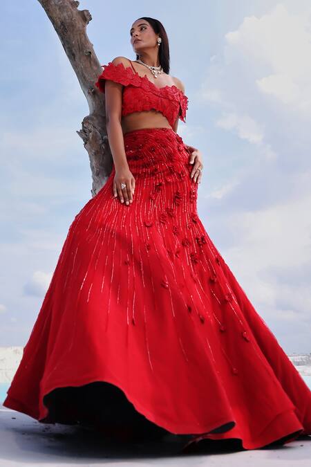 Buy_PIRI INDIA_Red Net, Chanderi, Satin Isa 3d Embroidered Fish Cut Lehenga With Blouse _Online_at_Aza_Fashions