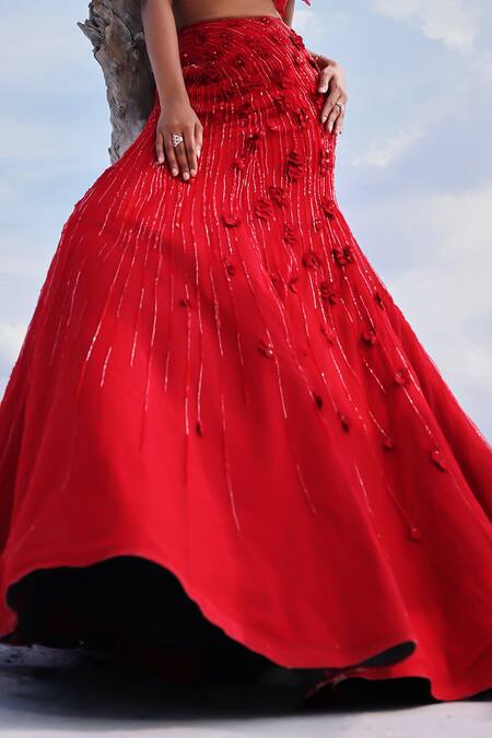 Shop_PIRI INDIA_Red Net, Chanderi, Satin Isa 3d Embroidered Fish Cut Lehenga With Blouse _Online_at_Aza_Fashions