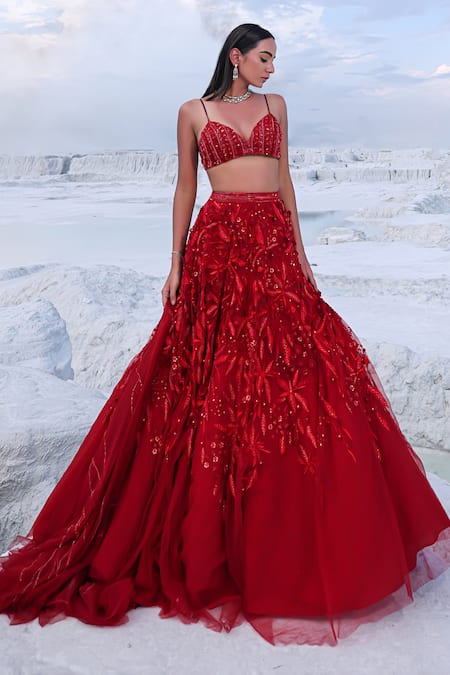 Shop PIRI INDIA Red Net, , Silk Beads, Sequins, Odilia Lehenga With Blouse Online at Aza Fashions Shop_PIRI INDIA_Red Net, , Silk Beads, Sequins, Odilia Lehenga With Blouse _Online_at_Aza_Fashions