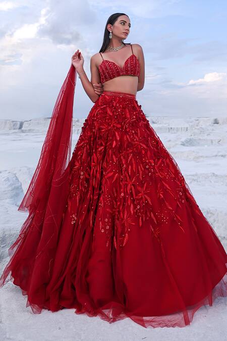 PIRI INDIA Red Net, , Silk Beads, Sequins, Odilia Lehenga With Blouse at Aza Fashions PIRI INDIA_Red Net, , Silk Beads, Sequins, Odilia Lehenga With Blouse _at_Aza_Fashions