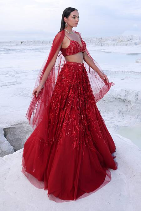 Buy PIRI INDIA Red Net, , Silk Beads, Sequins, Odilia Lehenga With Blouse Buy_PIRI INDIA_Red Net, , Silk Beads, Sequins, Odilia Lehenga With Blouse
