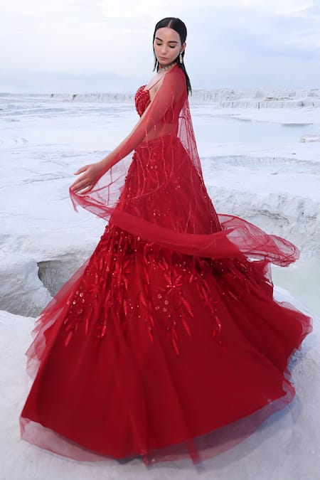 Shop PIRI INDIA Red Net, , Silk Beads, Sequins, Odilia Lehenga With Blouse Shop_PIRI INDIA_Red Net, , Silk Beads, Sequins, Odilia Lehenga With Blouse