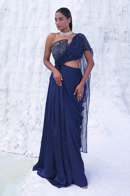 PIRI INDIA_Blue Net, Satin, Organza Beads, Embroidery Asymmetric Tyne 3d Floral Saree Gown _Online_at_Aza_Fashions