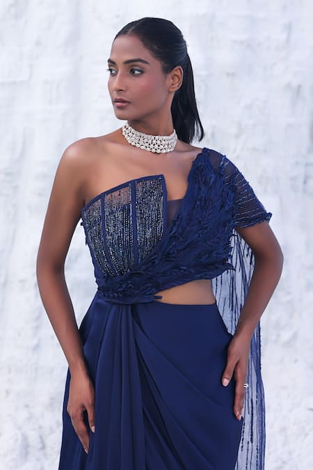 Buy_PIRI INDIA_Blue Net, Satin, Organza Beads, Embroidery Asymmetric Tyne 3d Floral Saree Gown _Online_at_Aza_Fashions