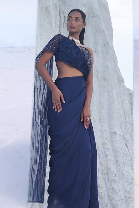 Shop_PIRI INDIA_Blue Net, Satin, Organza Beads, Embroidery Asymmetric Tyne 3d Floral Saree Gown _Online_at_Aza_Fashions