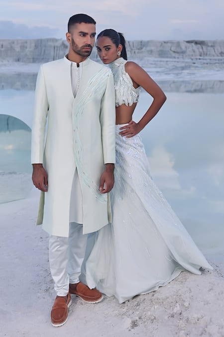 Buy_PIRI INDIA_Grey Organza, Net, Chanderi Nia 3d Floral Embroidered Blouse With Lehenga _Online_at_Aza_Fashions