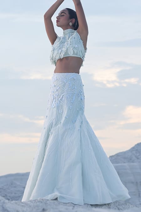 Shop_PIRI INDIA_Grey Organza, Net, Chanderi Nia 3d Floral Embroidered Blouse With Lehenga _Online_at_Aza_Fashions