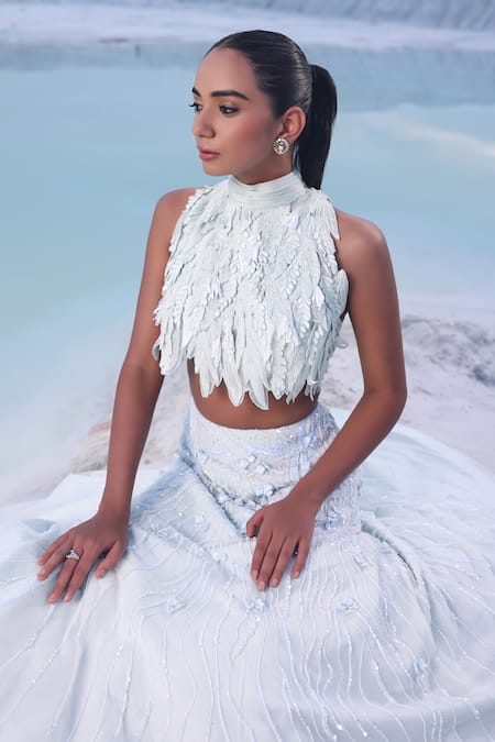 PIRI INDIA_Grey Organza, Net, Chanderi Nia 3d Floral Embroidered Blouse With Lehenga _at_Aza_Fashions