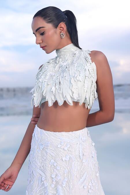 Shop_PIRI INDIA_Grey Organza, Net, Chanderi Nia 3d Floral Embroidered Blouse With Lehenga 