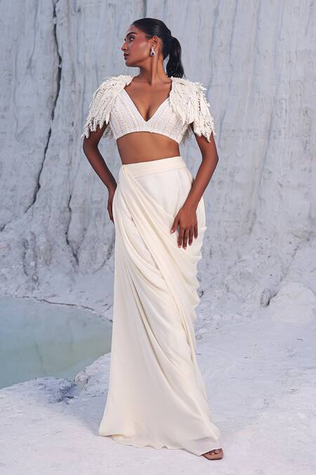 Shop PIRI INDIA Ivory Satin, Net, Chanderi, Kairi 3d Cutwork Embroidered Cape And Draped Skirt Set Online at Aza Fashions Shop_PIRI INDIA_Ivory Satin, Net, Chanderi, Kairi 3d Cutwork Embroidered Cape And Draped Skirt Set _Online_at_Aza_Fashions