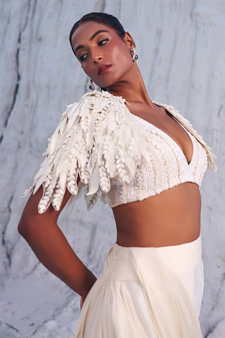 PIRI INDIA Ivory Satin, Net, Chanderi, Kairi 3d Cutwork Embroidered Cape And Draped Skirt Set at Aza Fashions PIRI INDIA_Ivory Satin, Net, Chanderi, Kairi 3d Cutwork Embroidered Cape And Draped Skirt Set _at_Aza_Fashions