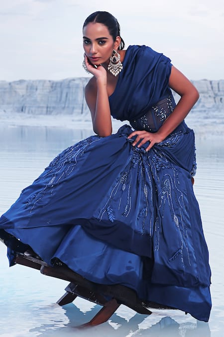 Buy_PIRI INDIA_Blue Net, Chanderi, Georgette, Organza Floral Embroidered Lehenga And Corset _Online_at_Aza_Fashions