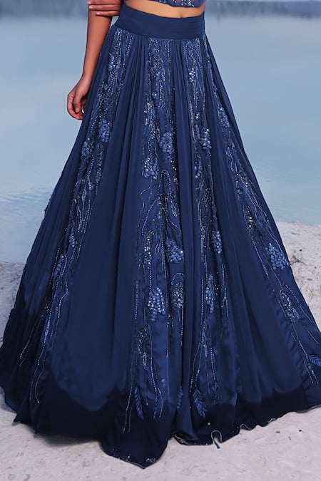 PIRI INDIA_Blue Net, Chanderi, Georgette, Organza Floral Embroidered Lehenga And Corset _at_Aza_Fashions
