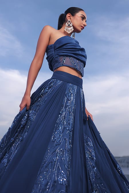 Buy_PIRI INDIA_Blue Net, Chanderi, Georgette, Organza Floral Embroidered Lehenga And Corset 