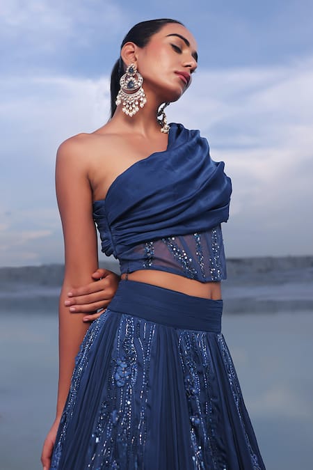 Shop_PIRI INDIA_Blue Net, Chanderi, Georgette, Organza Floral Embroidered Lehenga And Corset 