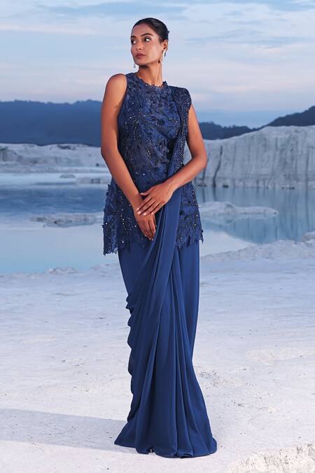 PIRI INDIA Blue Organza, Chanderi, Darya Floral Embroidered Pre-draped Saree With Kurta Online at Aza Fashions PIRI INDIA_Blue Organza, Chanderi, Darya Floral Embroidered Pre-draped Saree With Kurta _Online_at_Aza_Fashions