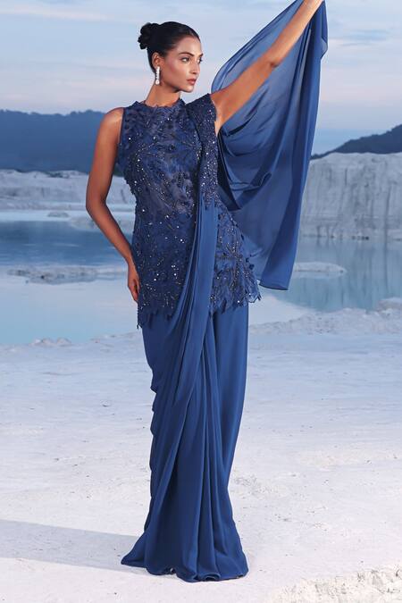 Buy PIRI INDIA Blue Organza, Chanderi, Darya Floral Embroidered Pre-draped Saree With Kurta Online at Aza Fashions Buy_PIRI INDIA_Blue Organza, Chanderi, Darya Floral Embroidered Pre-draped Saree With Kurta _Online_at_Aza_Fashions