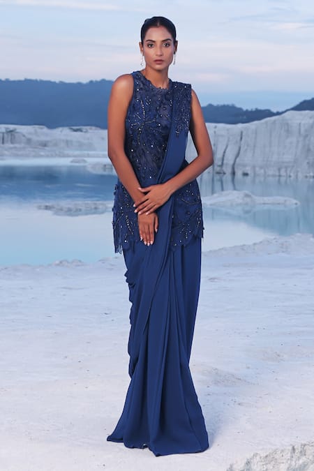 PIRI INDIA Darya Floral Embroidered Pre-Draped Saree With Kurta 