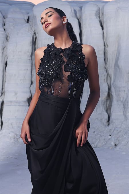 Buy PIRI INDIA Black Net, Satin, Organza Elara 3d Floral Embroidered Blouse With Draped Skirt Online at Aza Fashions Buy_PIRI INDIA_Black Net, Satin, Organza Elara 3d Floral Embroidered Blouse With Draped Skirt _Online_at_Aza_Fashions