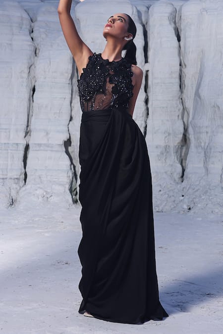 PIRI INDIA Black Net, Satin, Organza Elara 3d Floral Embroidered Blouse With Draped Skirt at Aza Fashions PIRI INDIA_Black Net, Satin, Organza Elara 3d Floral Embroidered Blouse With Draped Skirt _at_Aza_Fashions