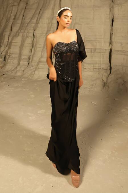 PIRI INDIA_Black Net, Satin, Organza Beads, Lira Aari Embroidered Corset Draped Gown _at_Aza_Fashions