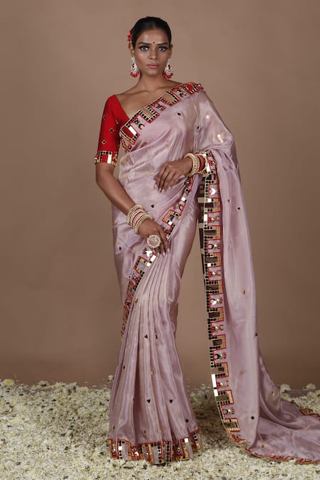 The Pink Penguin by Charmy Mirror Embroidered Saree With Blouse 